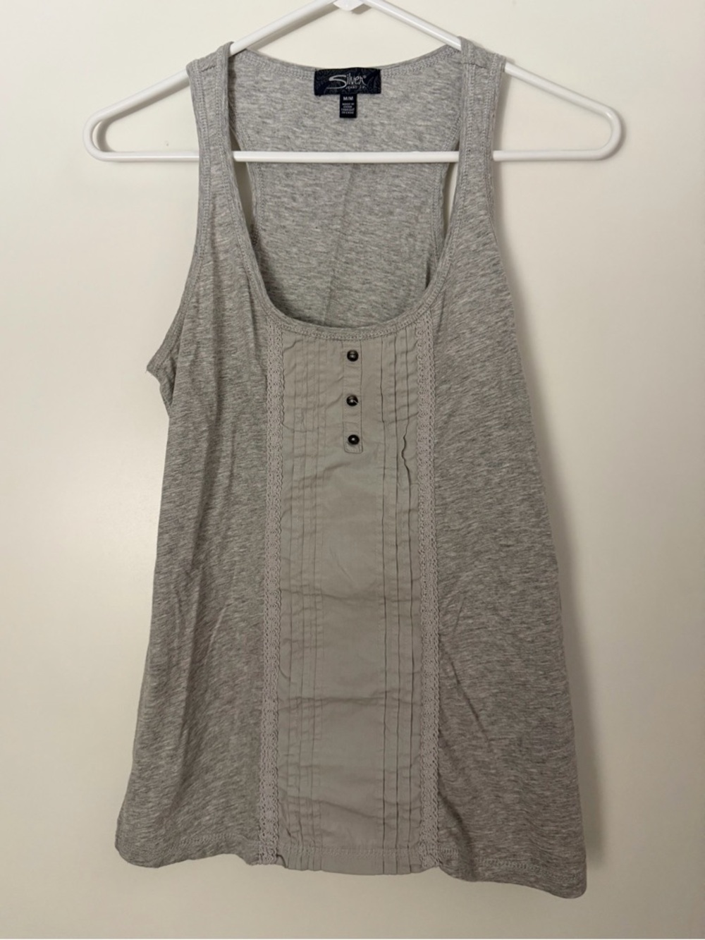 Silver Jeans Co. Lace Trim Button Tank Gray
